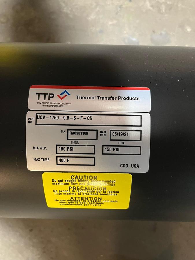 TTP THERMAL TRANSFER,UCV-1760-9.5-6-F-CN,SHELL AND TUBE HEAT EXCHANGER