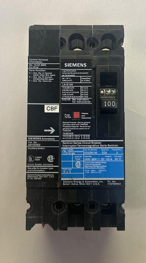 Used SIEMENS,ED22B100,CIRCUIT BREAKER 100A 240V 2P