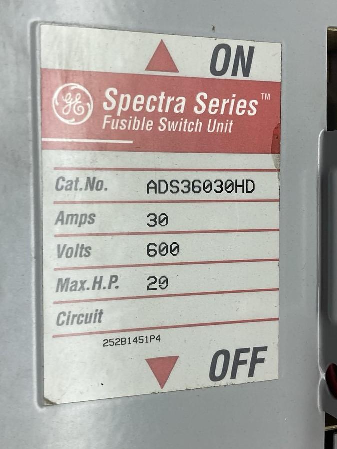 GE,ADS36030HD,3-Pole Fusible Panelboard Switch 30A 3P 600V Spectra Series