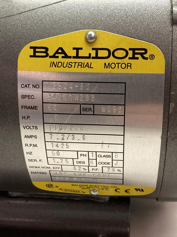 Used Baldor,L3504-50,Single Phase Motor 0.5Hp 1425rpm 7.2/3.6A 50Hz Frame 56