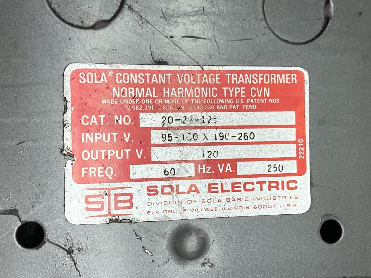 Used Sola,20-22-125,Constant Voltage Secondary Transformer 250VA 120V
