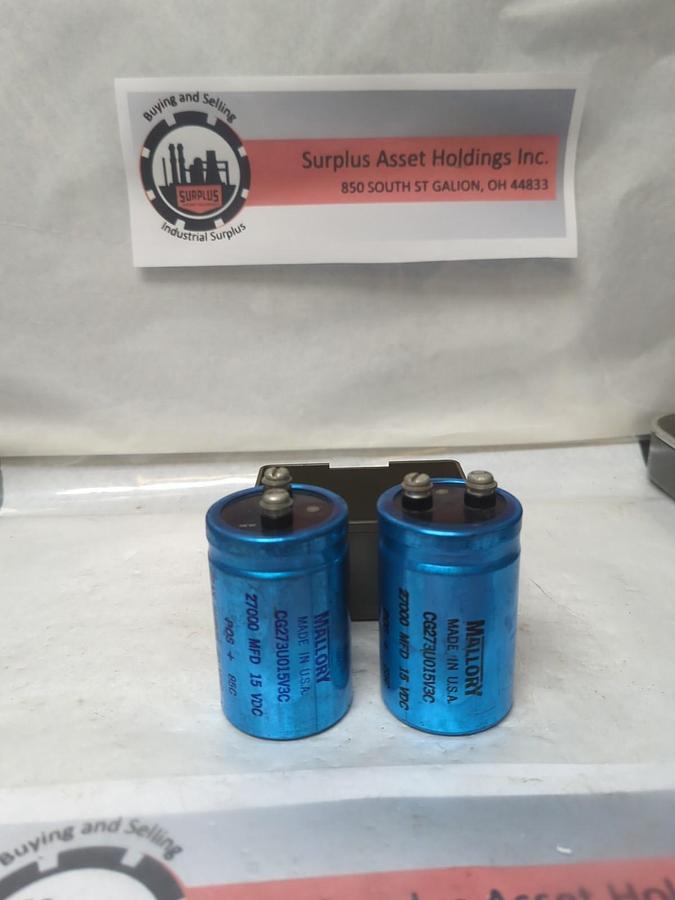 Used MALLORY,CG273U015V3C,CAPACITOR 27000MFD 15 VDC LOT OF 2 PRE-OWNED
