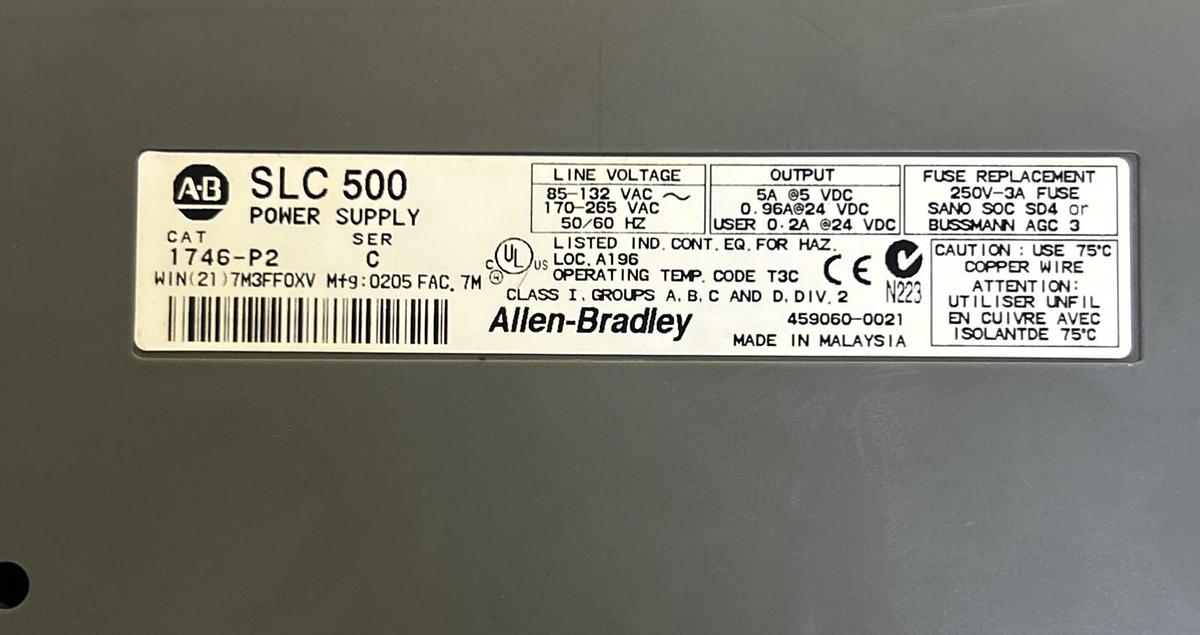 Used ALLEN BRADLEY,1746-A7,7 SLOT RACK W/ 1746-P2 POWER SUPPLY