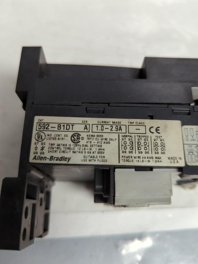 Used ALLEN BRADLEY,592-B1DT,SERIES A OVERLOAD RELAY WITH 193-BPM6 PRE-OWNED