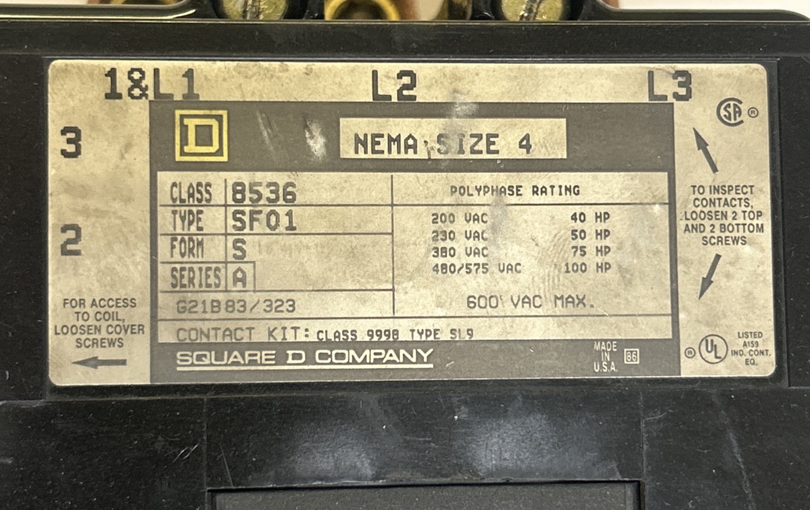 Used SQUARE D,8536SF01,SIZE 4 STARTER 600V