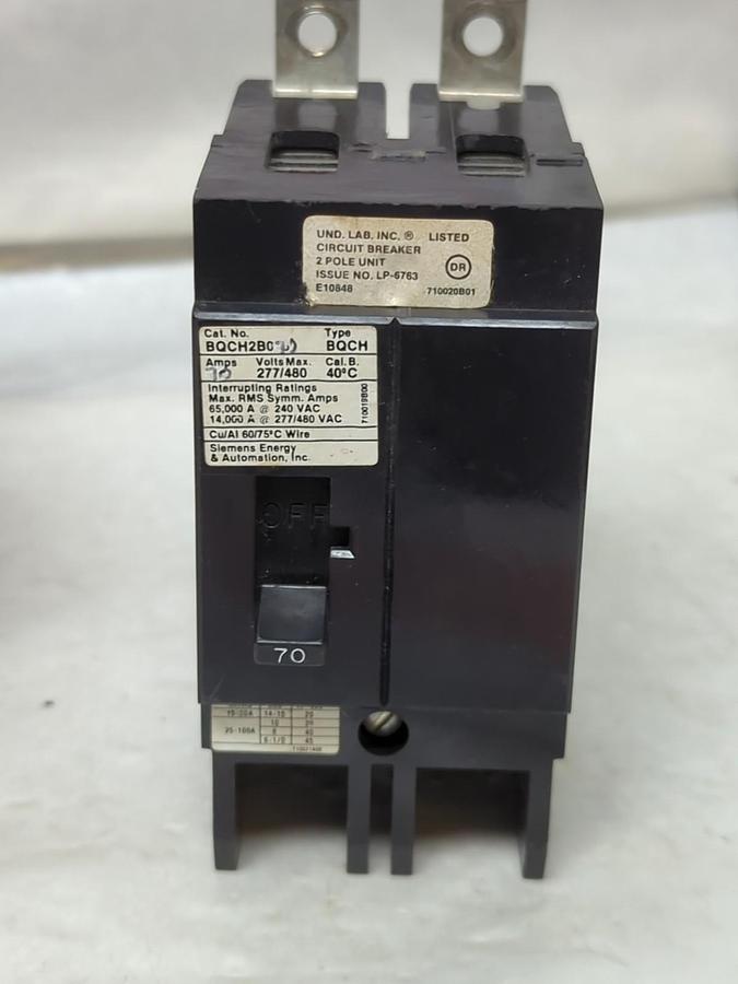 Used SIEMENS,BQCH2B070,CIRCUIT BREAKER 70 AMP 2-POLE PRE-OWNED