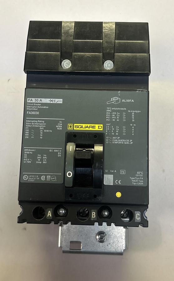 Used SQUARE D,FA36030,I-LINE CIRCUIT BREAKER 30A 600V 3P