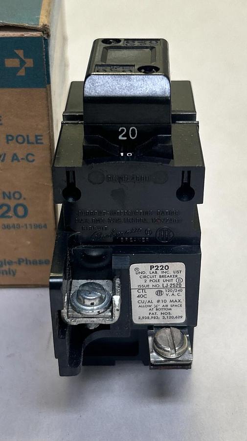 Used GOULD ITE,P220,PUSHMATIC CIRCUIT BREAKER 20A 120/240V 2P NEW