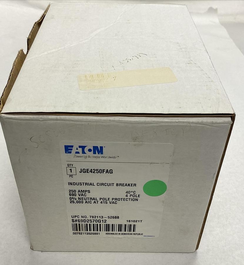 Used EATON,JGE4250FAG,CIRCUIT BREAKER 250A 690V 4 POLE NEW