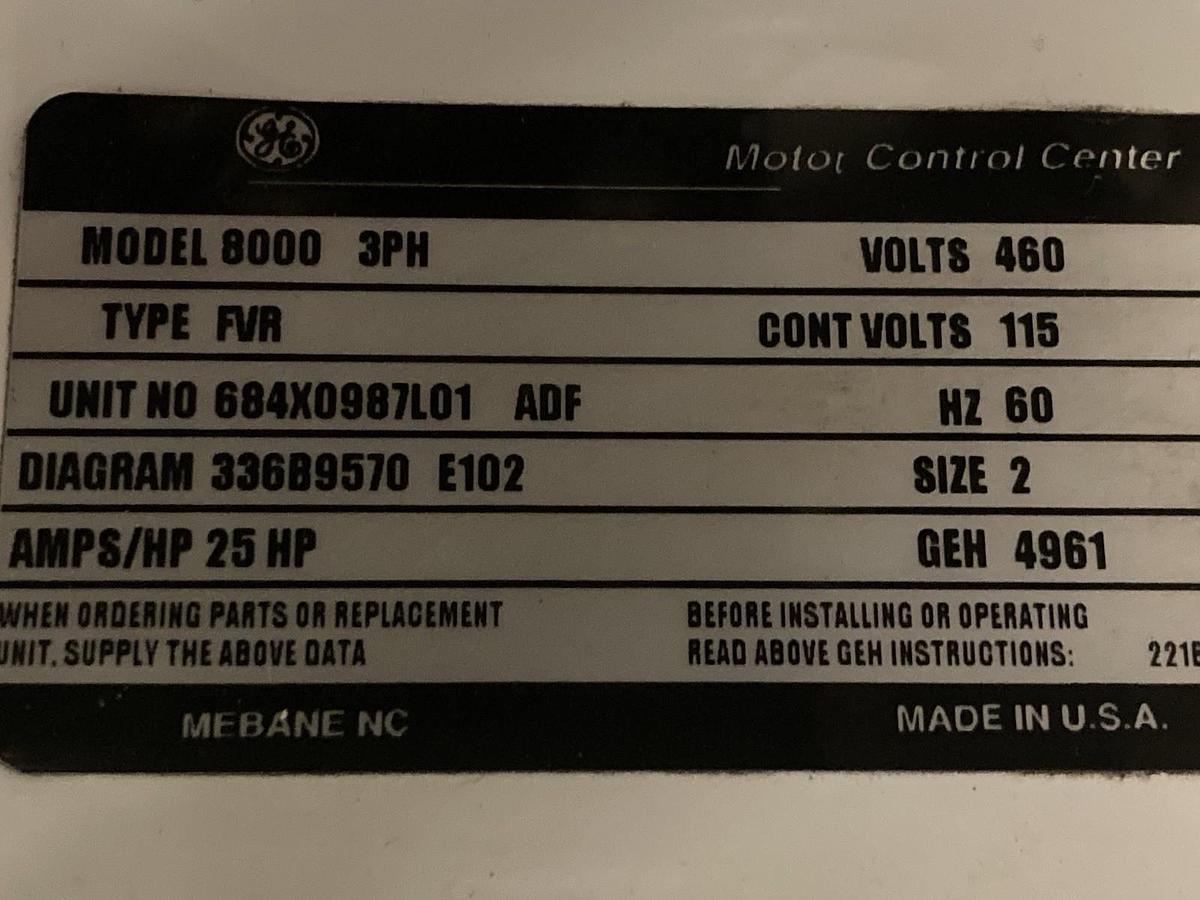 Used GE,FVR,Evolution 8000 Size 2 REVERSING Starter MCC Bucket BREAKER 60A