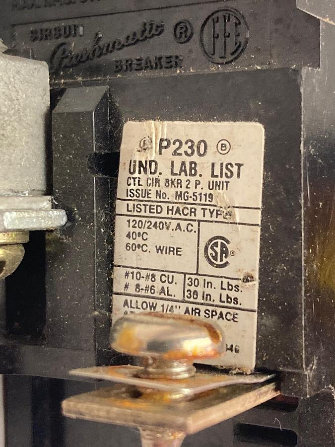 Used ITE Pushmatic,P230,Double Pole Circuit Breaker 120/240VAC