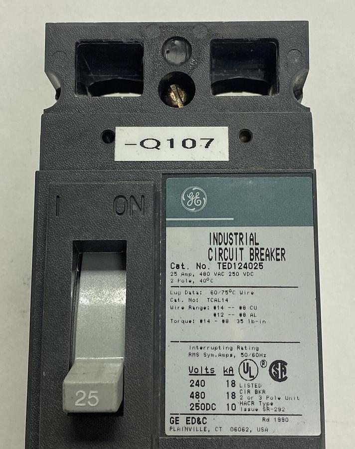 Used GENERAL ELECTRIC,TED124025,CIRCUIT BREAKER 25A 2P 480V