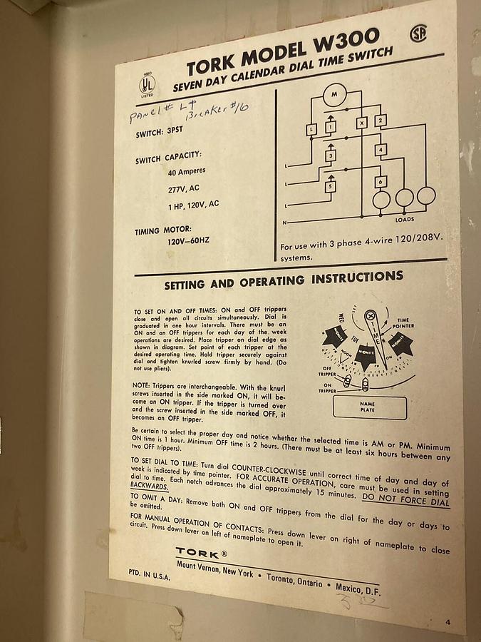 Used Tork,Model W300,Seven Day Calender Dial Time Switch