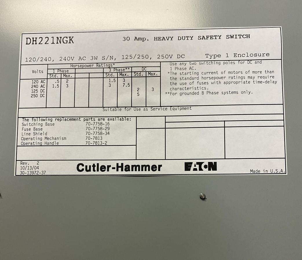 EATON CUTLER HAMMER,DH221NGK,HEAVY DUTY FUSIBLE SAFETY SWITCH 30A 240V