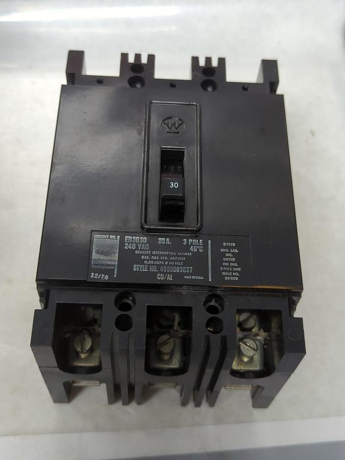 Used WESTINGHOUSE,EB3030,CIRCUIT BREAKER 30 AMP 3-POLE PRE-OWNED