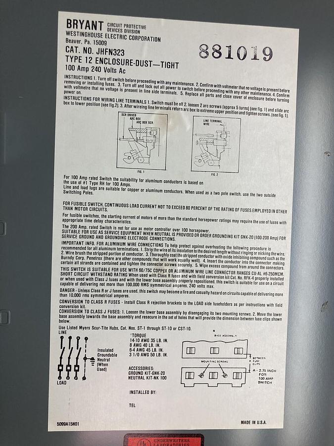 Used Westinghouse,JHFN323,Heavy Duty Disconnect Switch 100A 240AC