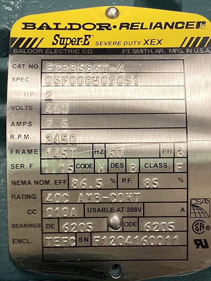 Baldor,ECP3586T-4,2 HP Motor 3450 RPM 460 Volts 145T Frame