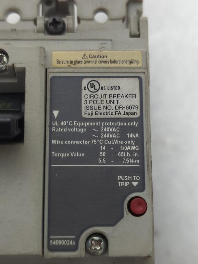 Used FUJI,BW100EAGU,CIRCUIT BREAKER 60 AMP 3-POLE PRE-OWNED