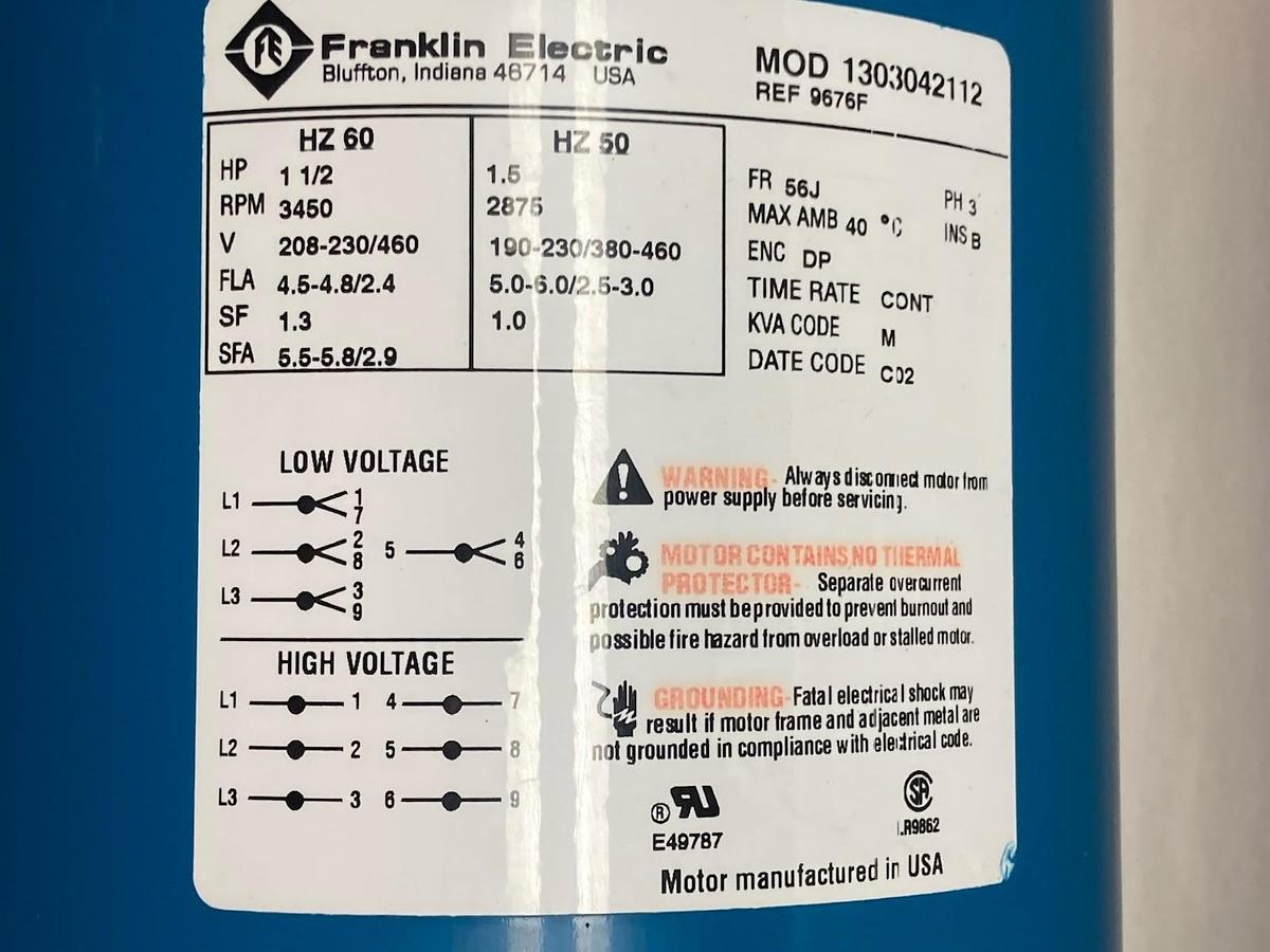 Used Burks,315GB5-1 1/2F,Pump 22EA00 w/Franklin 1303042112 Motor 60/50Hz