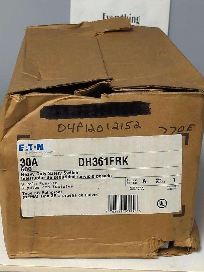 EATON CUTLER HAMMER,DH361FRK,SAFETY SWITCH 30 AMP 600VOLT 3-POLE NEW IN BOX