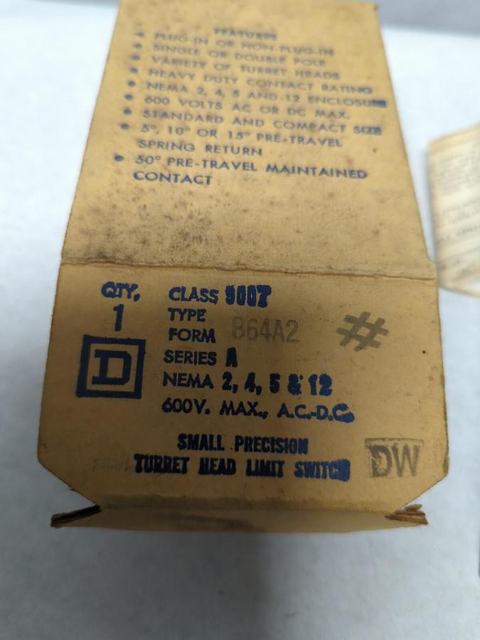 SQUARE D,B64A2,TURRET HEAD LIMIT SWITCH SERIES A CLASS 9007 NOS