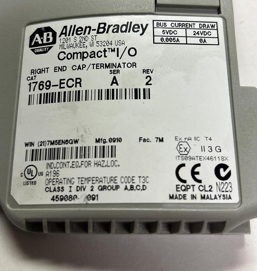 Used ALLEN BRADLEY,1769-ECR,SER A REV 2 RIGHT END CAP TERMINATOR