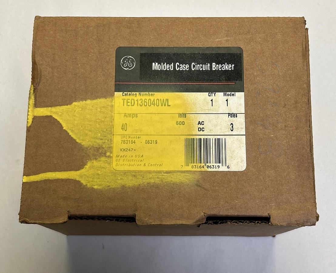 Used GENERAL ELECTRIC,TED136040WL,CIRCUIT BREAKER 40A 600V 3P NEW