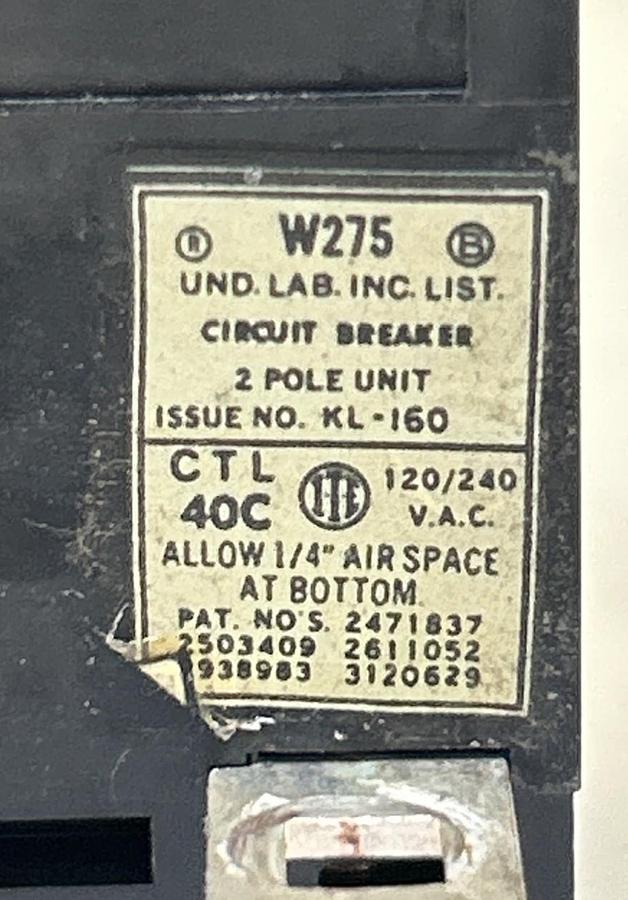 Used BULLDOG ELECTRIC,W275,PUSHMATIC CIRCUIT BREAKER 75A 120/240V 2P
