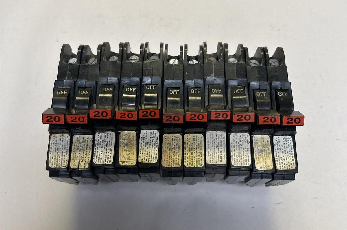 Used FEDERAL PACIFIC,NC120,CIRCUIT BREAKER 20A 120/240V 1P LOT OF 11