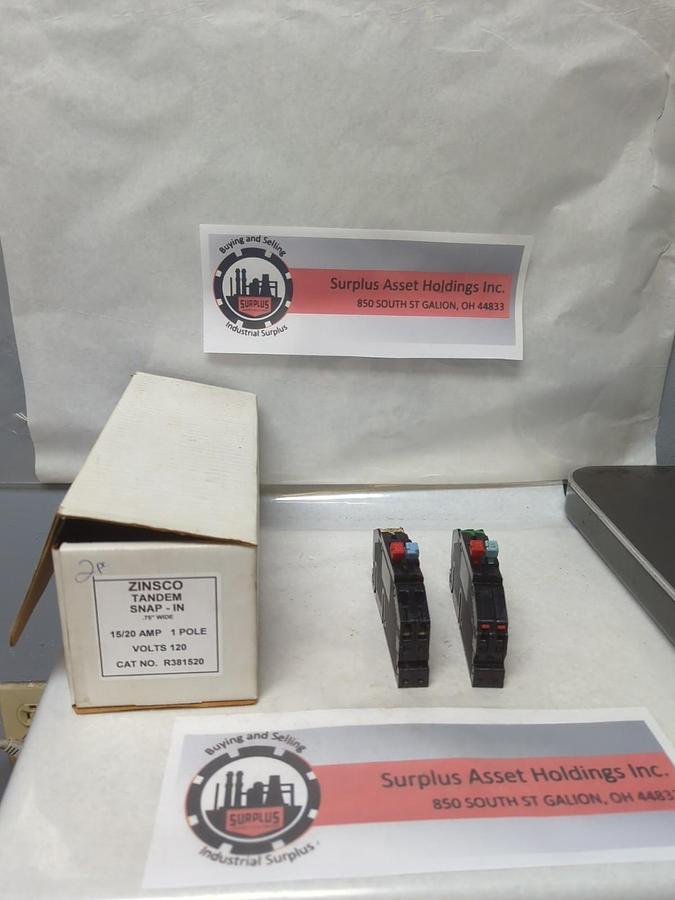Used ZINSCO,R381520,TANDEM CIRCUIT BREAKER 15/20 AMP 1-POLE LOT OF 2 PRE-OWNED