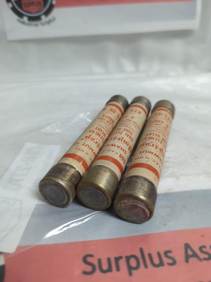 Used SHAWMUT,ATS-DE 8,AMP-TRAP 8 AMP FUSE LOT OF 3 PRE-OWNED