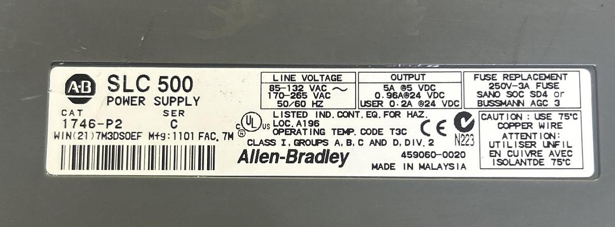 Used ALLEN BRADLEY,1746-A10,10 SLOT RACK CHASSIS W/ 1746-P2 POWER SUPPLY