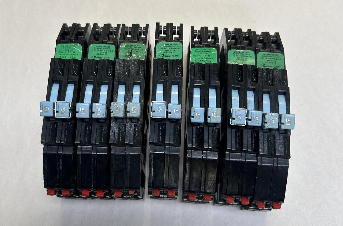 Used ZINSCO,R-38,TWIN TANDEM CIRCUIT BREAKER 15A 120/240V 2P LOT OF 7