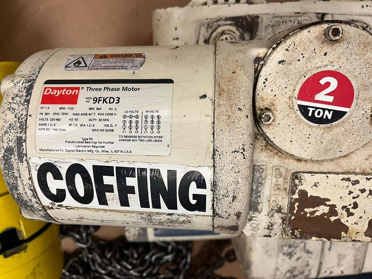 Used COFFING,ELCMT-4008-3,ELECTRIC HOIST 2 TON 3PH 8 FPM 15' CHAIN NO PENDANT