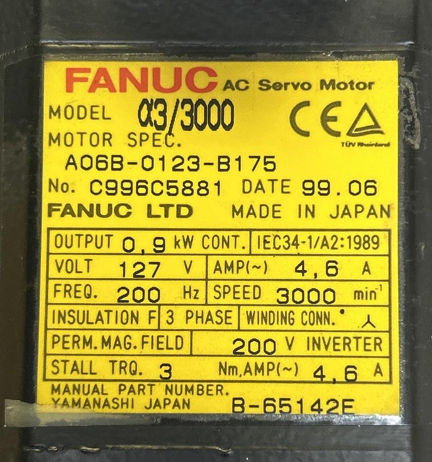 Used FANUC,A06B-0123-B175,AC SERVO MOTOR 3000RPM 4.6AMP 127V