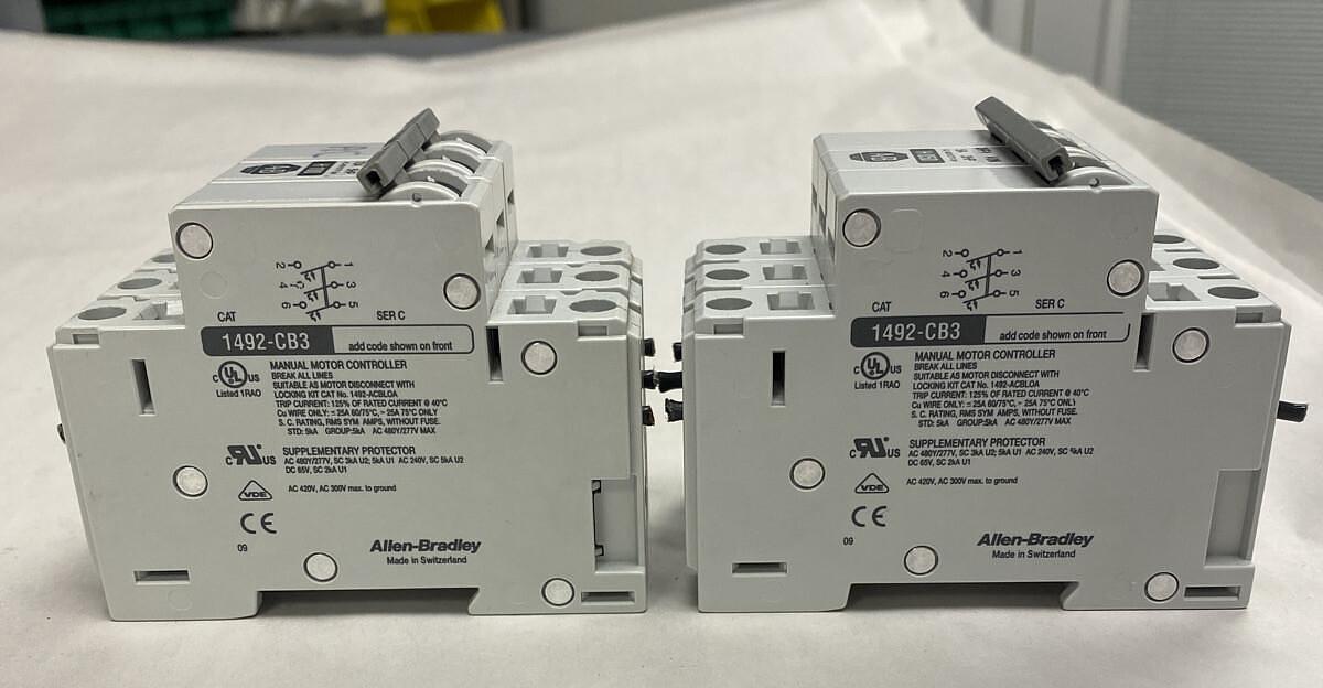 Used Allen-Bradley,1492-CB3,Circuit Breaker 5AMP 3HP / 10AMP 5HP Lot Of 2