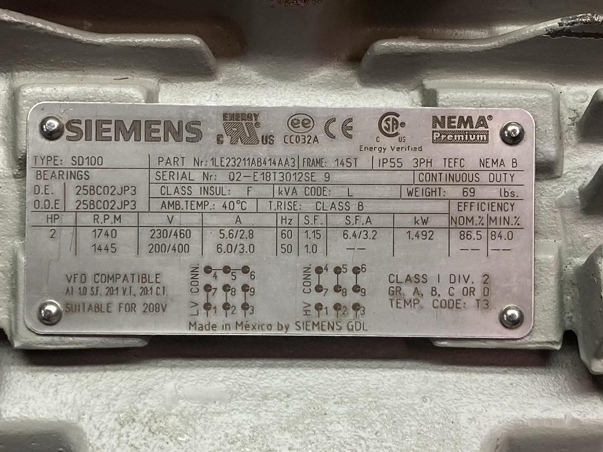 Used Siemens,1LE23211AB414AA3,3-Phase Electric Motor 2Hp 1740RPM 230/460V Frame 145T