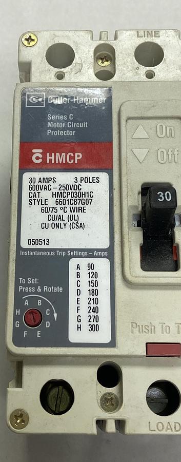 Used CUTLER-HAMMER,HMCP030H1C,CIRCUIT BREAKER 30A 600V 3 POLE