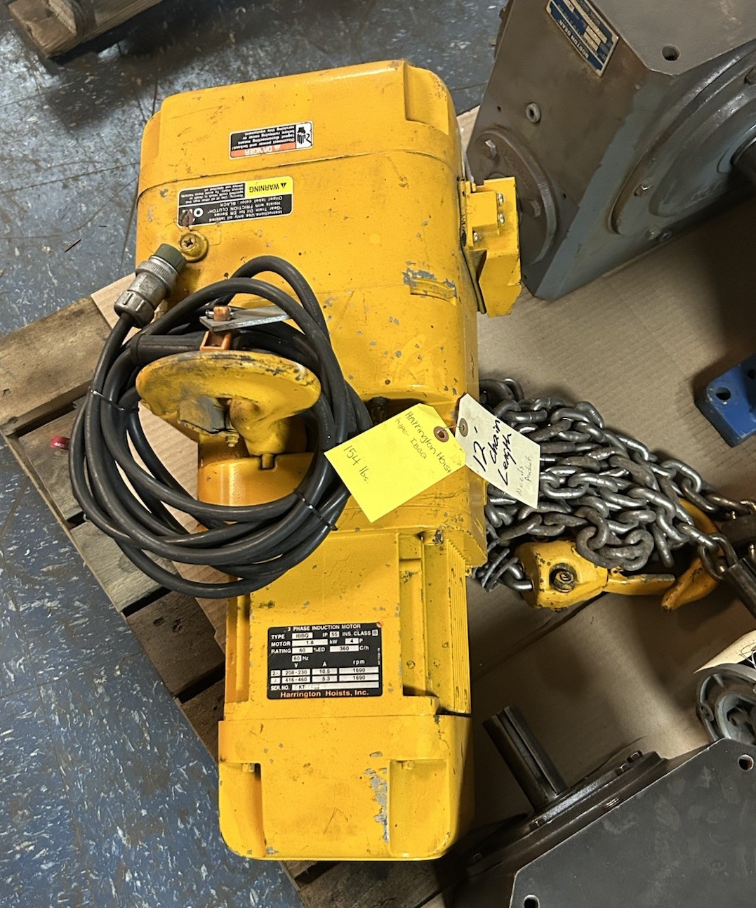 Used HARRINGTON HOISTS,IBBQ,ELECTRIC HOIST 2 TON 3PH 1690RPM 12FT CHAIN NO PENDANT