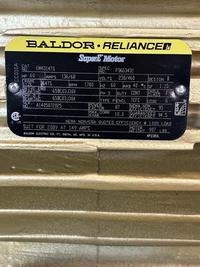 Used BALDOR,EM4314TS,SUPER-E MOTOR 60HP 1780RPM 230/460V 3PH 364TS FRAME
