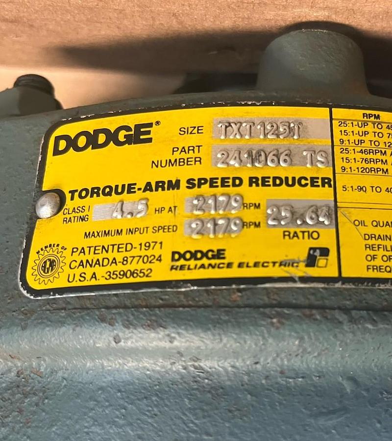 Used DODGE,TXT125T,SIZE 1 TORQUE ARM SPEED REDUCER 25.64 RATIO 4.5HP 2179RPM