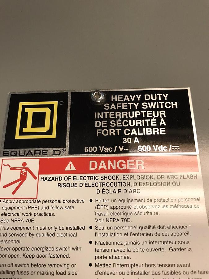 Square D,H461,Safety Switch with Meltric DSDC3 30AMP 250VDC 33-3420P NEW