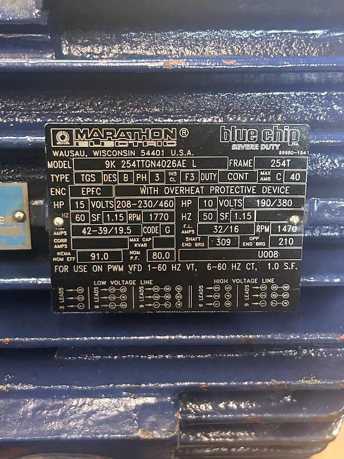 Used MARATHON ELECTRIC,9K254TTGN4026AEL,SEVERE DUTY MOTOR 15HP 460V 1770RPM 254T FR