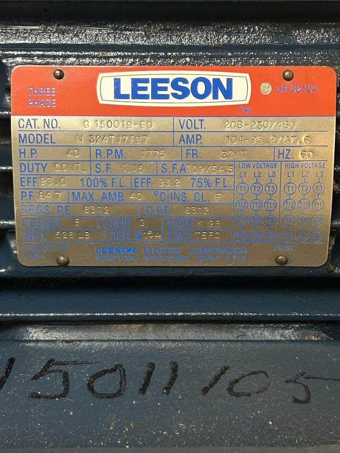 Used LEESON,G150019-60,MOTOR 40HP 208-230/460V 1775 RPM 3PH 324T FRAME
