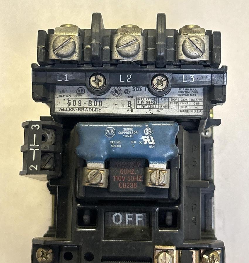 Used ALLEN BRADLEY,509-B0D,STARTER SIZE 1 27A 600V