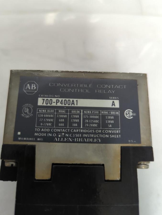 Used ALLEN BRADLEY,700-P400A1,SERIES A CONVERTABLE CONTACT CONTROL RELAY PRE-OWNED