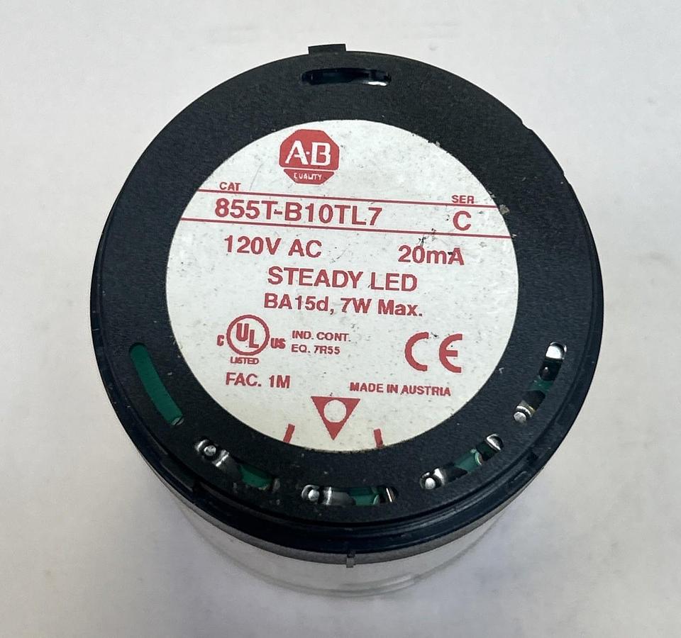 Used ALLEN BRADLEY,855T-B10TL7,SER C CLEAR WHITE STEADY LED STACK LIGHT NO BULB