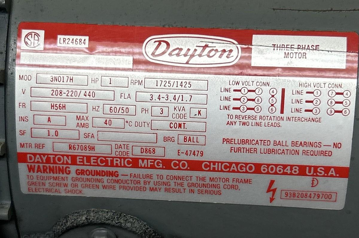 Used DAYTON,3N017H,INDUSTRIAL MOTOR 1HP 208-220/440V 1725/1425 RPM H56H FRAME