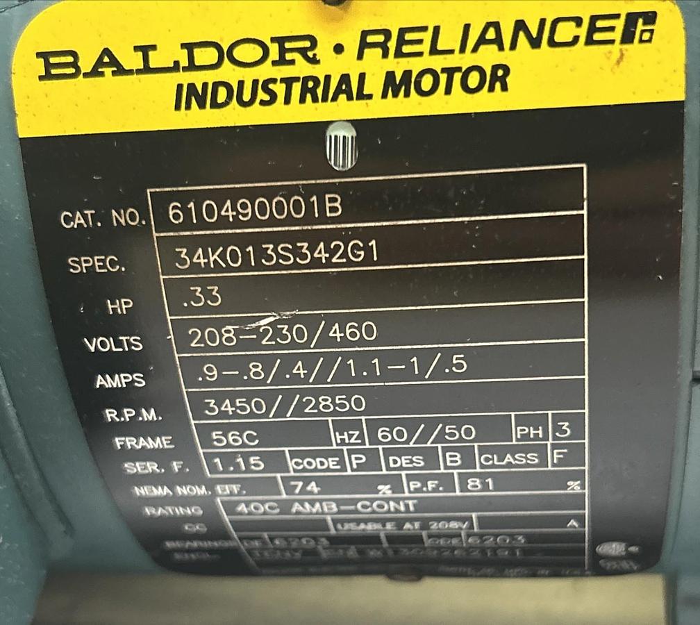 Used BALDOR RELIANCE,610490001B,BLOWER MOTOR .33HP 3450RPM 208-230/460V 56C FRAME