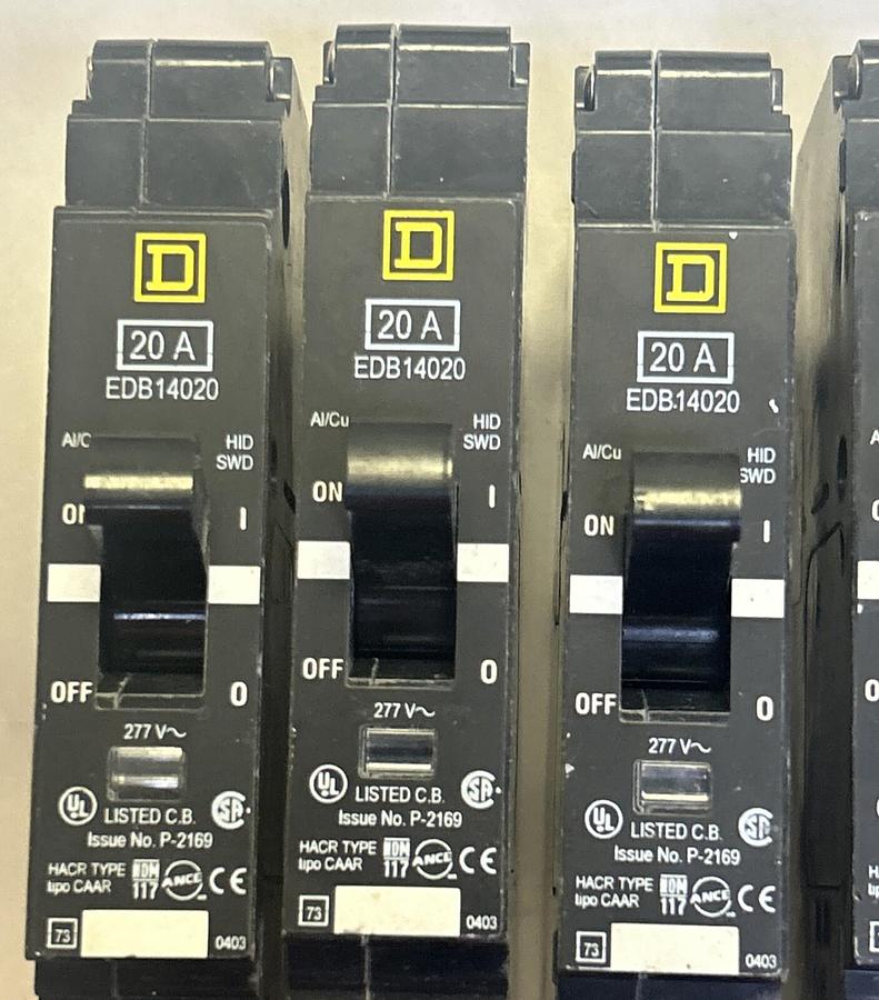 Used SQUARE D,EDB14020,CIRCUIT BREAKER 20A 277V 1P LOT OF 6
